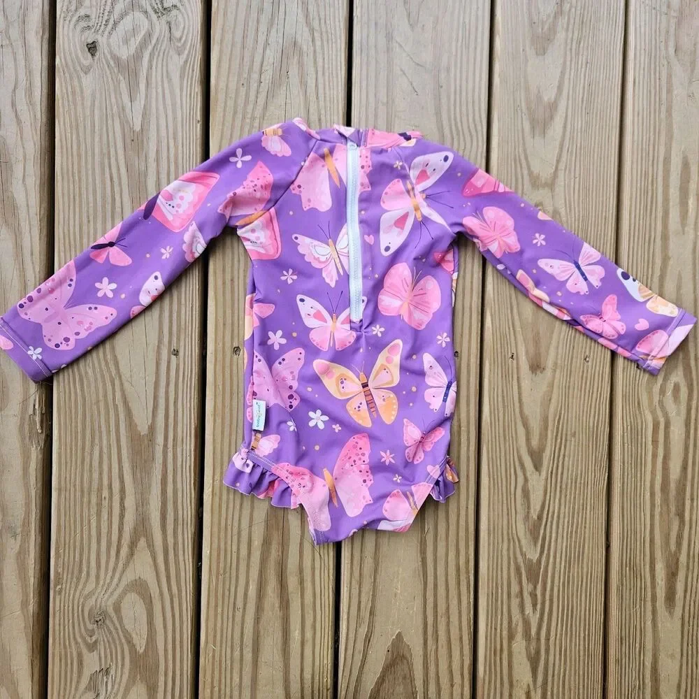 Baby Girl Butterfly Print One Piece Swimsuit & Hat Set 12-18M Ruffle Purple